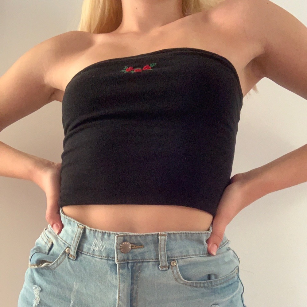 black tube top with rose detail from Brandy Melville
